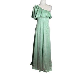 Vintage 70s One Shoulder Mint Green Maxi Dress Small Ruffle Overlay Zipper